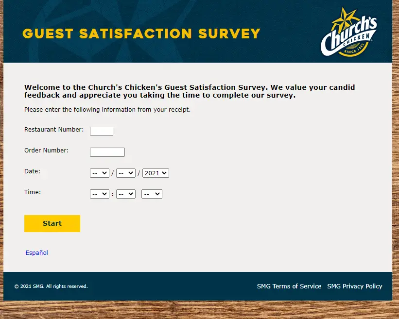 Church's Chicken Guest Satisfaction Survey page